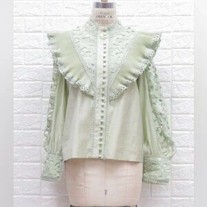 New Button Down Ruffle Lace Detail Shirt in Sage , Size M